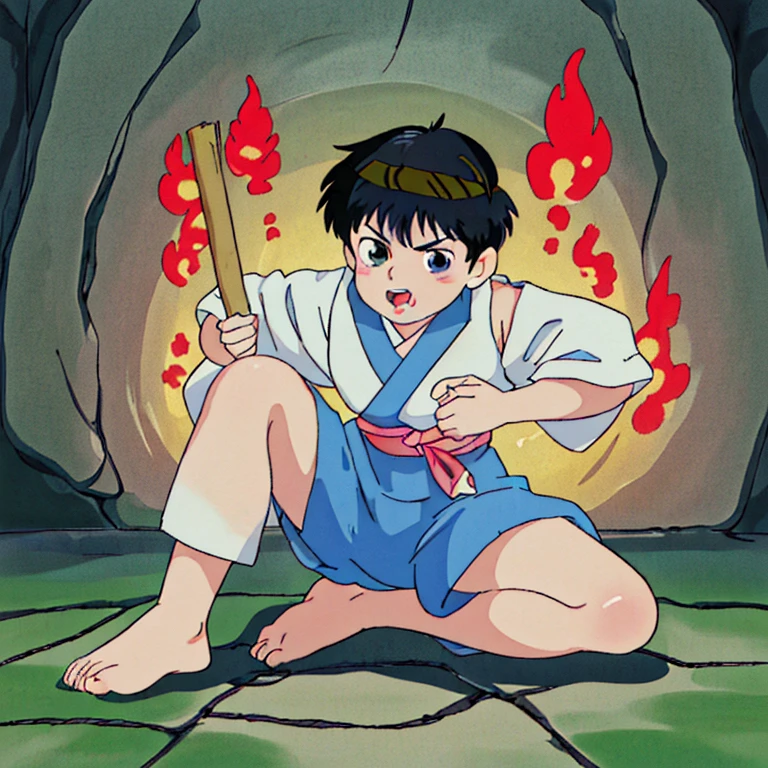 highest quality, excellent details, ultra high resolution,One boy who looks like a girl Feeling cute Japanese anime Hot-blooded empty-handed man mouth wide open Judo Doshi Black belt A little battle-torn Do-do-do-do-do-do wearing a headband Fire effect Frontal Seikentsuki posture stern look Short-haired and black-haired Feet are planted on the ground