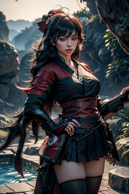 stunning girlfriend, (standing:1.1), dynamic pose, heart shaped face, elegant face, beautiful face, highly detailed face, highly detailed skin, skin pores, subsurface scattering, realistic pupils, loving smile, looking at viewer, full face blush, full lips, detailed background, depth of field, atmospheric perspective, volumetric lighting, sharp focus, absurdres, realistic proportions, good anatomy, (realistic, hyperrealistic:1.4), 16k hdr, 1girl, bangs, black_hair, black_kimono, breasts, flower, hair_between_eyes, hair_flower, hair_ornament, japanese_clothes, thighhighs kimono, long_hair, looking_at_viewer, multicolored_hair, night, stars, obi, red_eyes, red_hair, sash, evening, standing, in entrance to cave, underground pool, rocks, stars