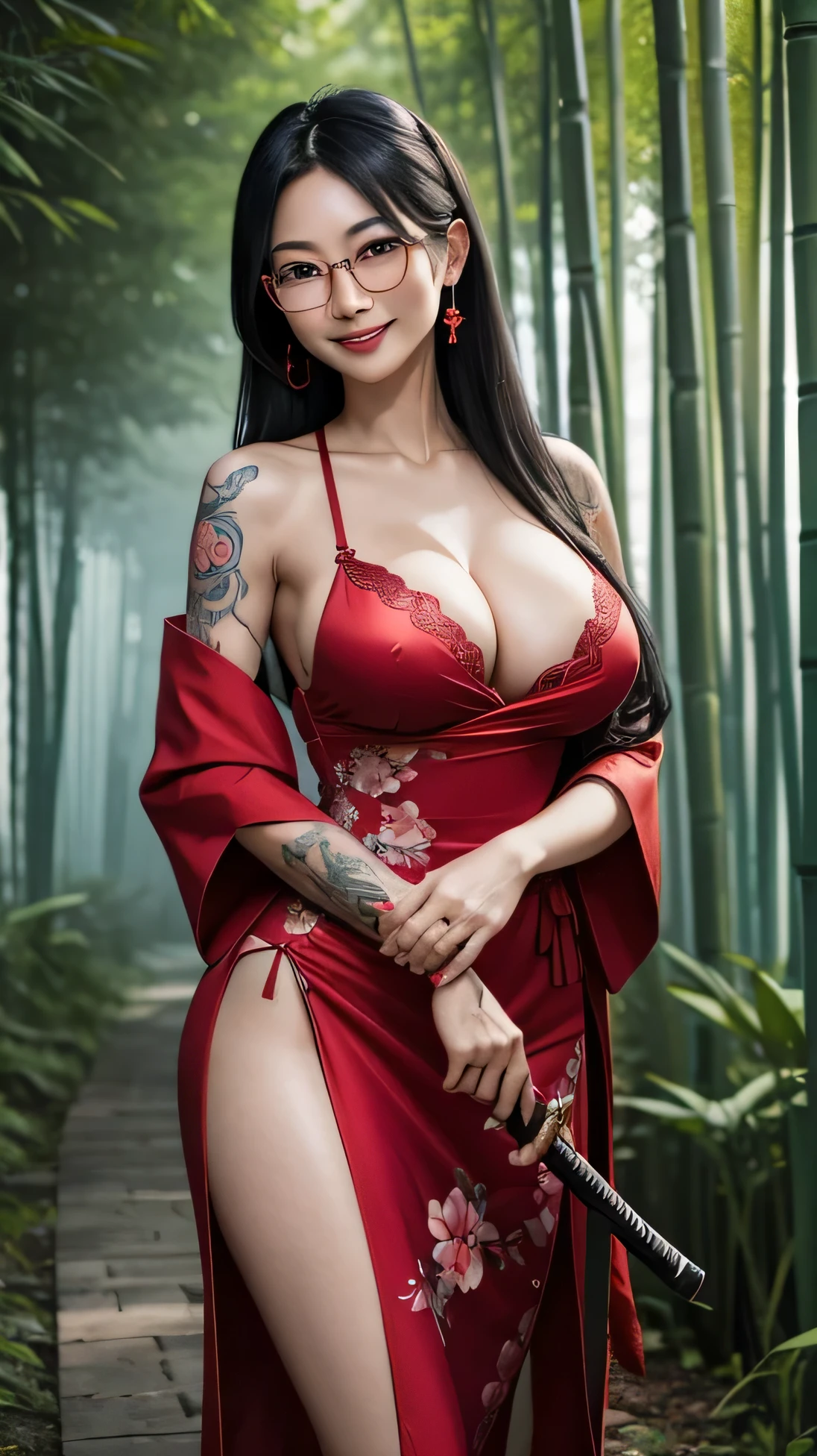 (Sexy Asian mature woman, 40th, big breast, glasses), (red flower kimono, red dress, short tight dress, red bra), (standing), (long legs), (bamboo forest), (holding weapon, katana), (blue eyes, very long black hair tied up), (tattoo on body, tattoo on legs, tattoo on breast), (blue eyes), wearing earrings, (smiling face, white teeth), (night, moon), (scar in her body)