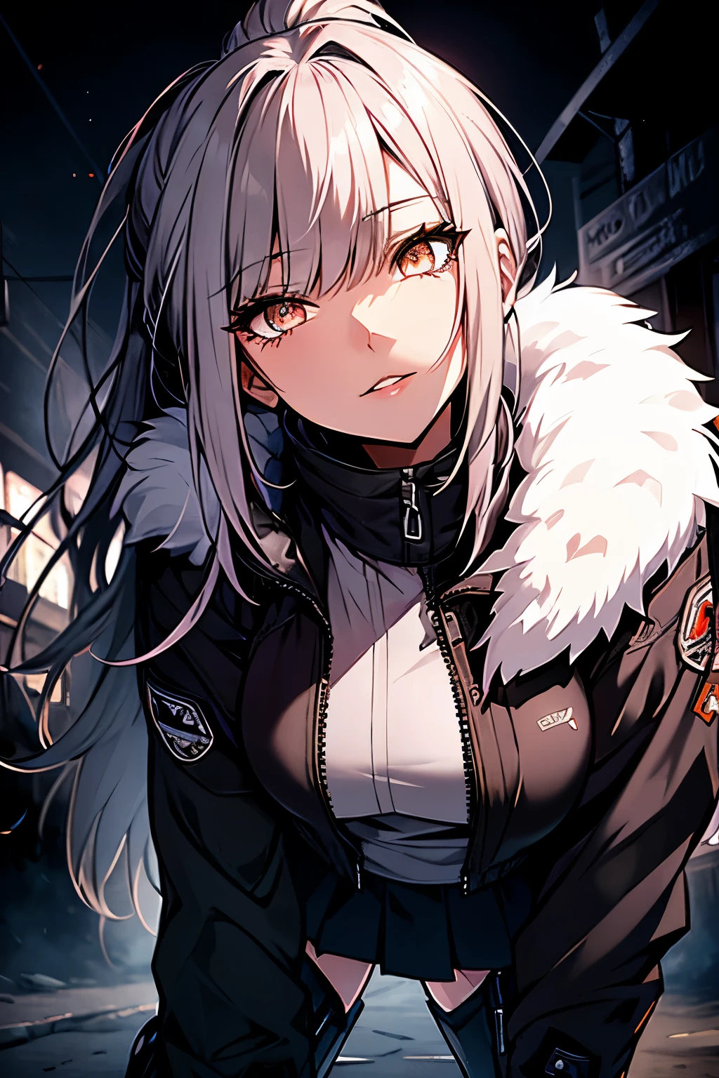 a woman, leggings, pleated skirt, sports top, high ponytail, high boots, long fur jacket, on a foggy moonlit night in a ghost town, detailed face, hyper detailed eye's, detailed lips, , with a metal chainned-colar in the neck, lineart