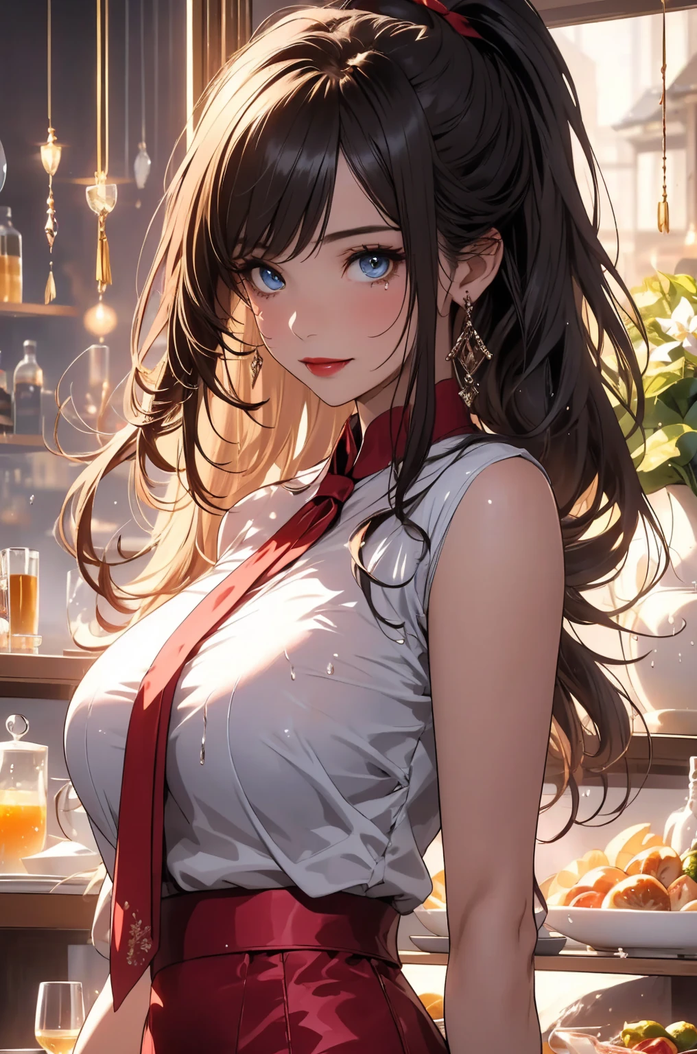 masterpiece,8k,chinese beauty girl,big breasts,red tieek,crying face、transparent clothes,very body fitting sparking sheer ultraman-girl costume,super model proportion,full body:1.7,space station,