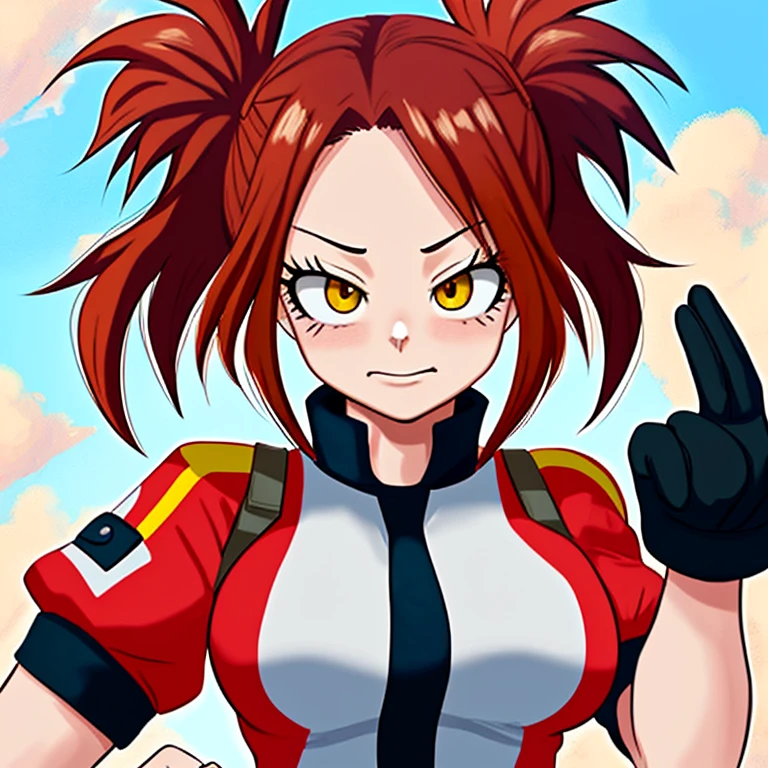 Chica con pelo largo rojo con uniforme de My hero academia volando