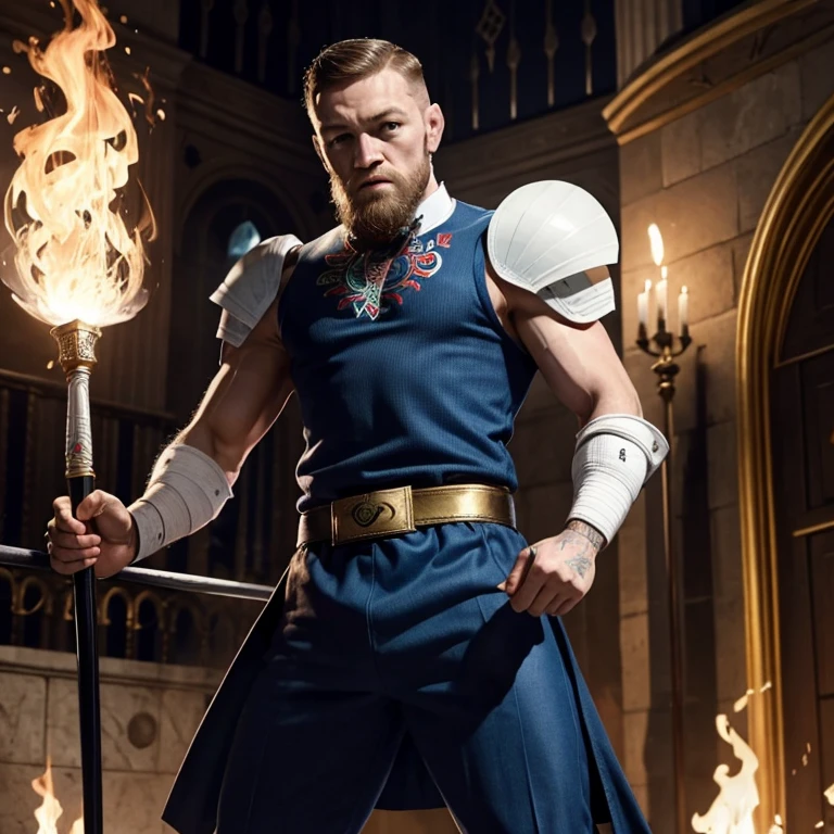 Conor McGregor qui tiens l'épée Excalibur devant un royaume en feu