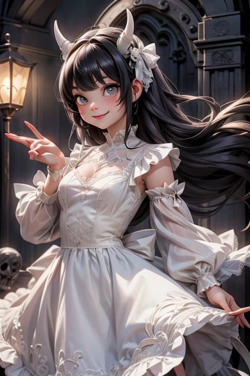 a cute demon girl smiling floating in the air, lace cloth gothic dress, at night, playful pose of a dancer, creepy, horror style