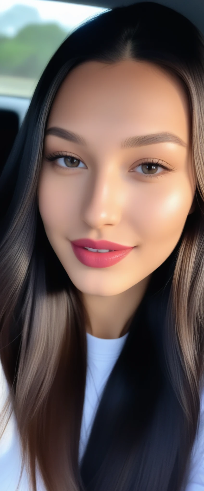 selfie de meinina de 16 anos de idade, com longos cabelos escuros sentada em um carro, Sophie Mudd, video tiktok,y, Violeta Myers, ela tem dentes brancos perfeitos, sentada no carro dela, modelo do instagram, Bella Hadid, resolution, iphone cell phone recording, tamanho 9:16, filtro de tiktok, efeito de gravacao de celular, perpectiva de baixo pra cima, motion blur, sparkle, 16k, atmospheric perspective, texture skin, high quality, screenshot of youtube video,