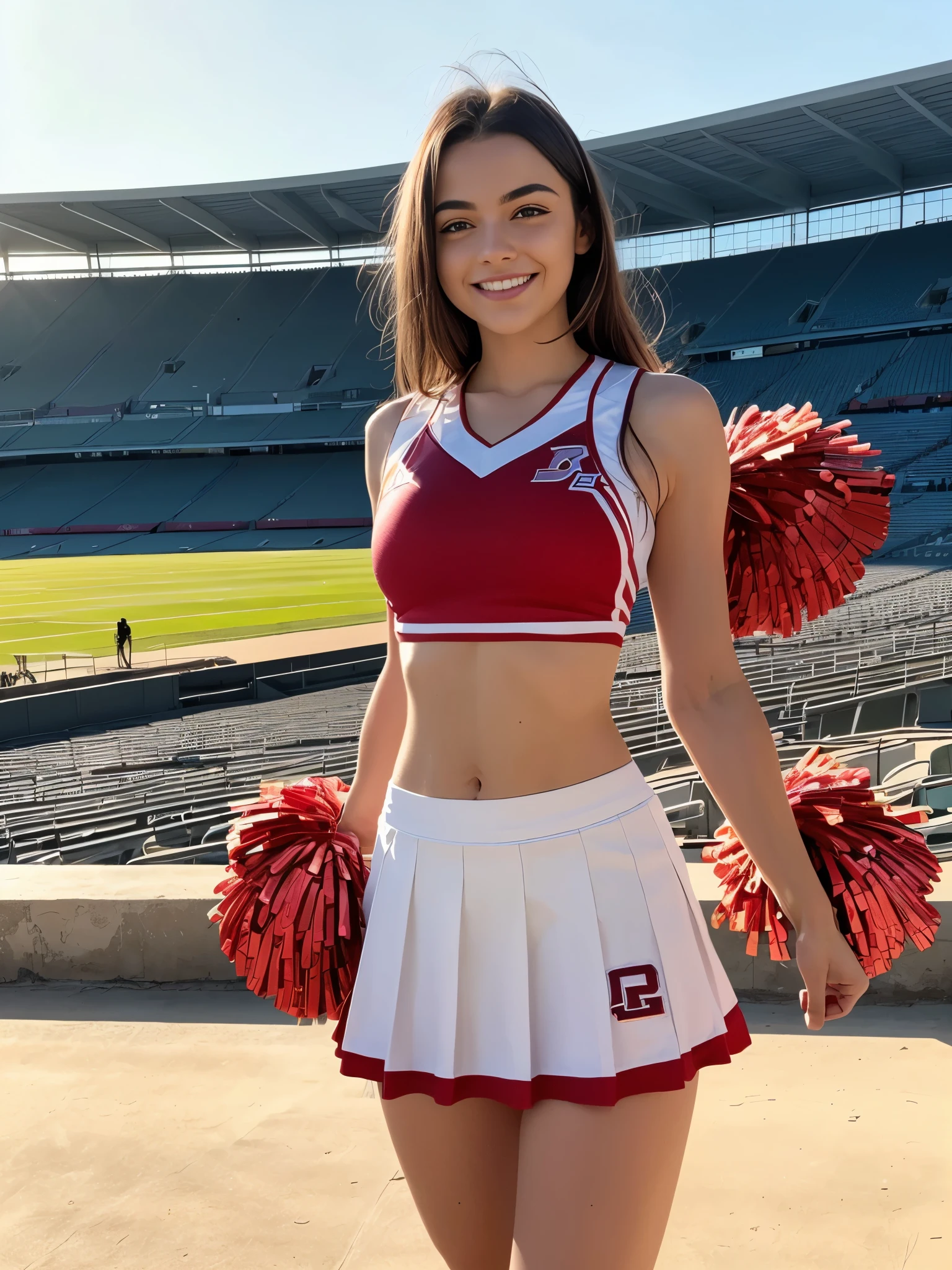 full body Photo, ((Best Quality, 8k, photo realistic:1.4, Masterpiece)), back Lighting, highly detailed facial textures women, , (((red Cheerleader:1.2))), ((Stadium Background: 1.2)), arm up, ultra-detailed skin, beautiful make up, detailed eyes, smile, open mouth, shiny black messy short hairstyles,