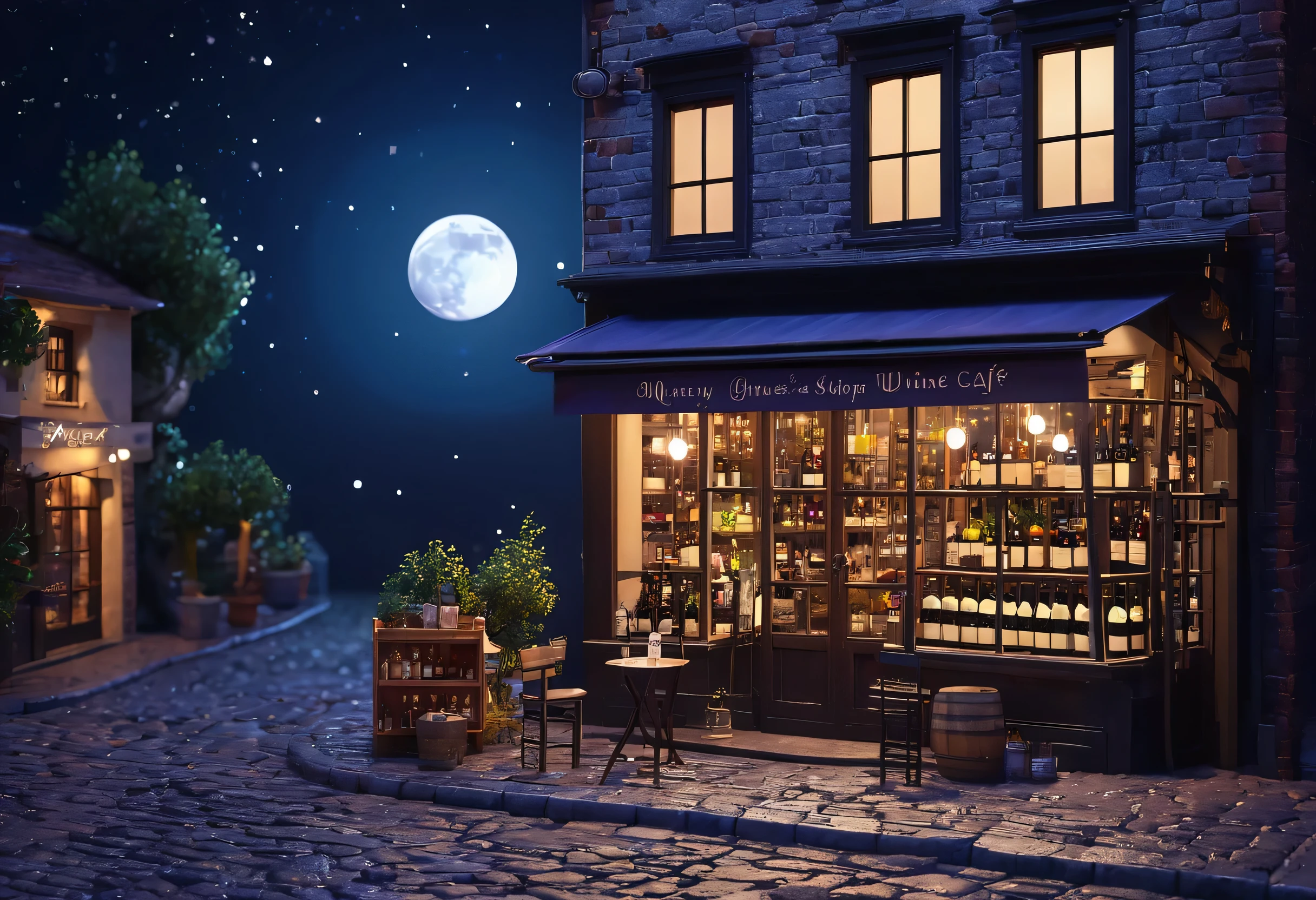 There is a miniature wine shop with the moon as a backdrop, illuminated by moonlight starry sky environment, illuminated by moonlight night dreamy atmosphere, Detailed Store, ✨🕌🌙, Miniature Cafe Diorama, feels like a dream, Moonshine, moonless night, moonray render, illuminated by moonlight backdrop, illuminated by moonlight, moody atmosphere, illuminated by moonlight night, Moody atmosphere, quirky shops