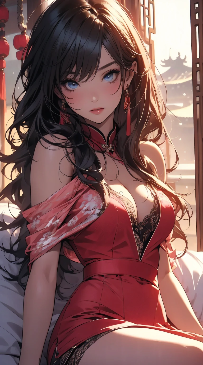 masterpiece,8K,high quality,full body:1.7,Clean blue eyes,赤いopen your mouth,But thin clothes,Very calm and gentle look,Many sparkling pictures,,Silky white wet skin,open your mouth,Biggest, biggest breasts,Tight waist,A beautiful, shiny, bright pink outfit,A woman sitting on a bed wearing a bright pink shiny thin skin-tight Chinese dress,Sheer off-the-shoulder light pink thin lace Chinese princess tulle dress,anime picture, by ヤン・J, fantasy art,red bra, Cute 3D anime Chinese girl rendering, Art Germ and William Bouguereau,Long wavy shiny black-pink hair,Nightcore, Beautifully detailed body and face, beautiful avatar pictures, high quality detailed anime,Chinese Sexy Women,Wide-angle landscape photography:1.6,chinese luxury bedroom,
