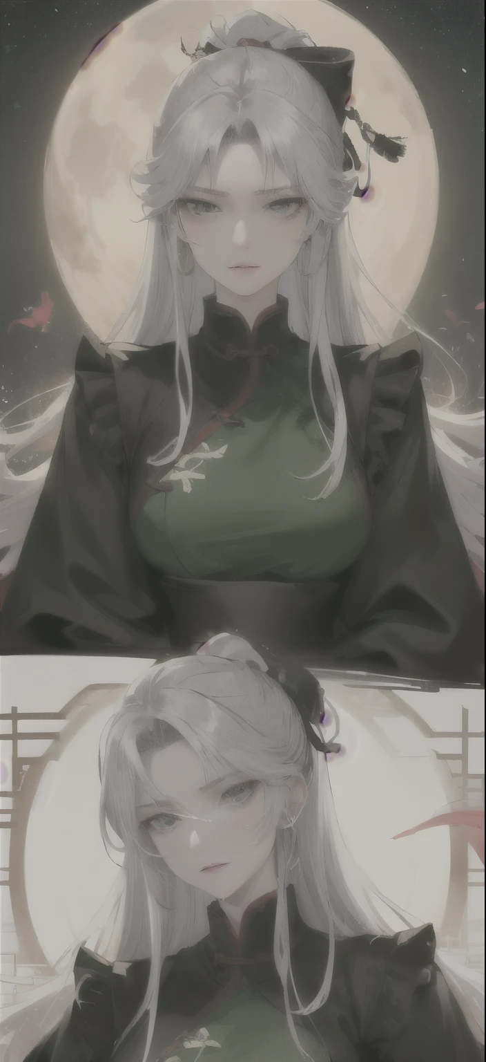 Needle, Night, Full Moon, 1 Female, Mature Woman, Chinese Style, Ancient China, Elder Sister, Royal Sister, Cold Face, Expressionless, Silver White Long Haired Woman, Femme Fatale woman, sexy ninja, with green garment