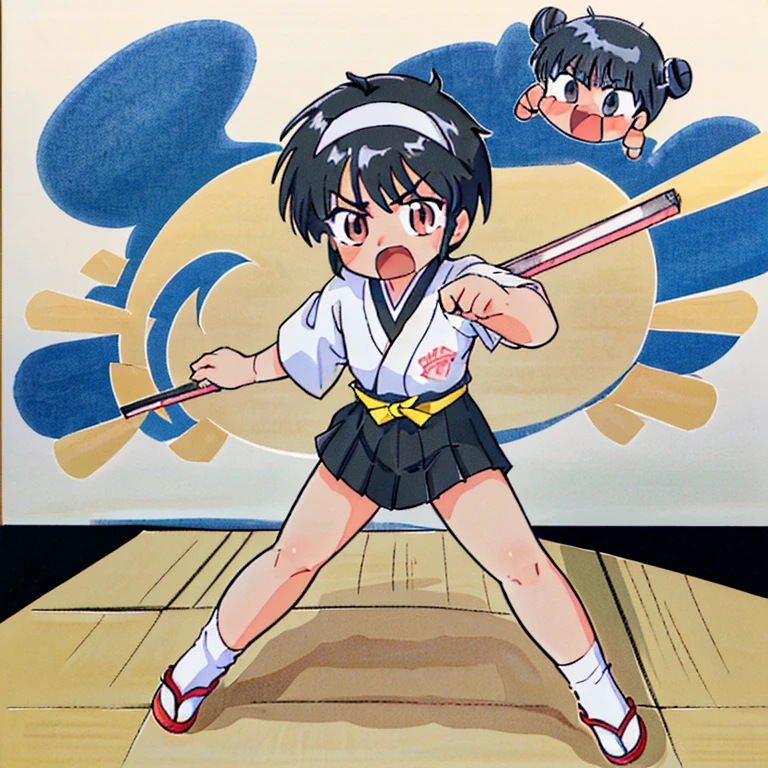 highest quality, excellent details, ultra high resolution,One boy who looks like a girl Feeling cute Japanese anime Hot-blooded empty-handed man mouth wide open Judo Doshi Black belt A little battle-torn Do-do-do-do-do-do wearing a headband Front punch stance stern look Short-haired and black-haired Standing in honor perspective from above The background is the sea Perth is effective