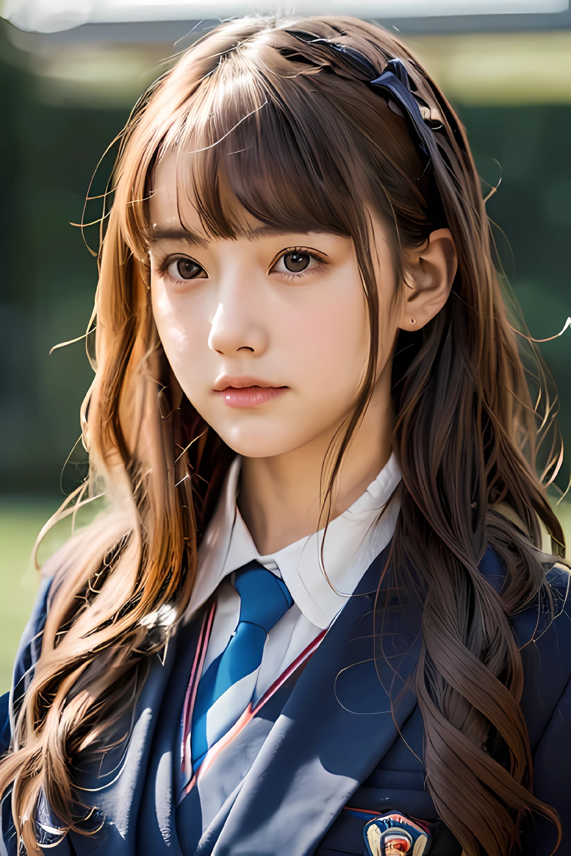 high school girl big breasts beautiful girl chestnut hair long Sadness Doll style uniform navy blazer red tie No bangs