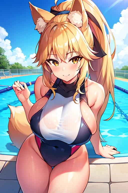 amy, ponytail, bangs, long hair, fox ears, fox tail, thick thighs, breasts, 1girl, wide hips, large breasts, blonde hair, smile, ponytail, tan, one-piece swimsuit, black one-piece swimsuit, competition swimsuit, blue trim, pool, poolside, happy