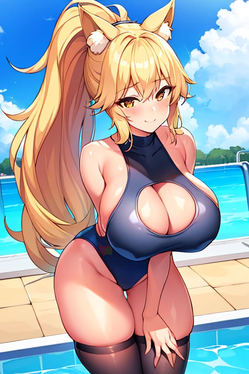 amy, ponytail, bangs, long hair, fox ears, fox tail, thick thighs, breasts, 1girl, wide hips, large breasts, blonde hair, smile, ponytail, tan, one-piece swimsuit, black one-piece swimsuit, competition swimsuit, blue trim, pool, poolside, happy