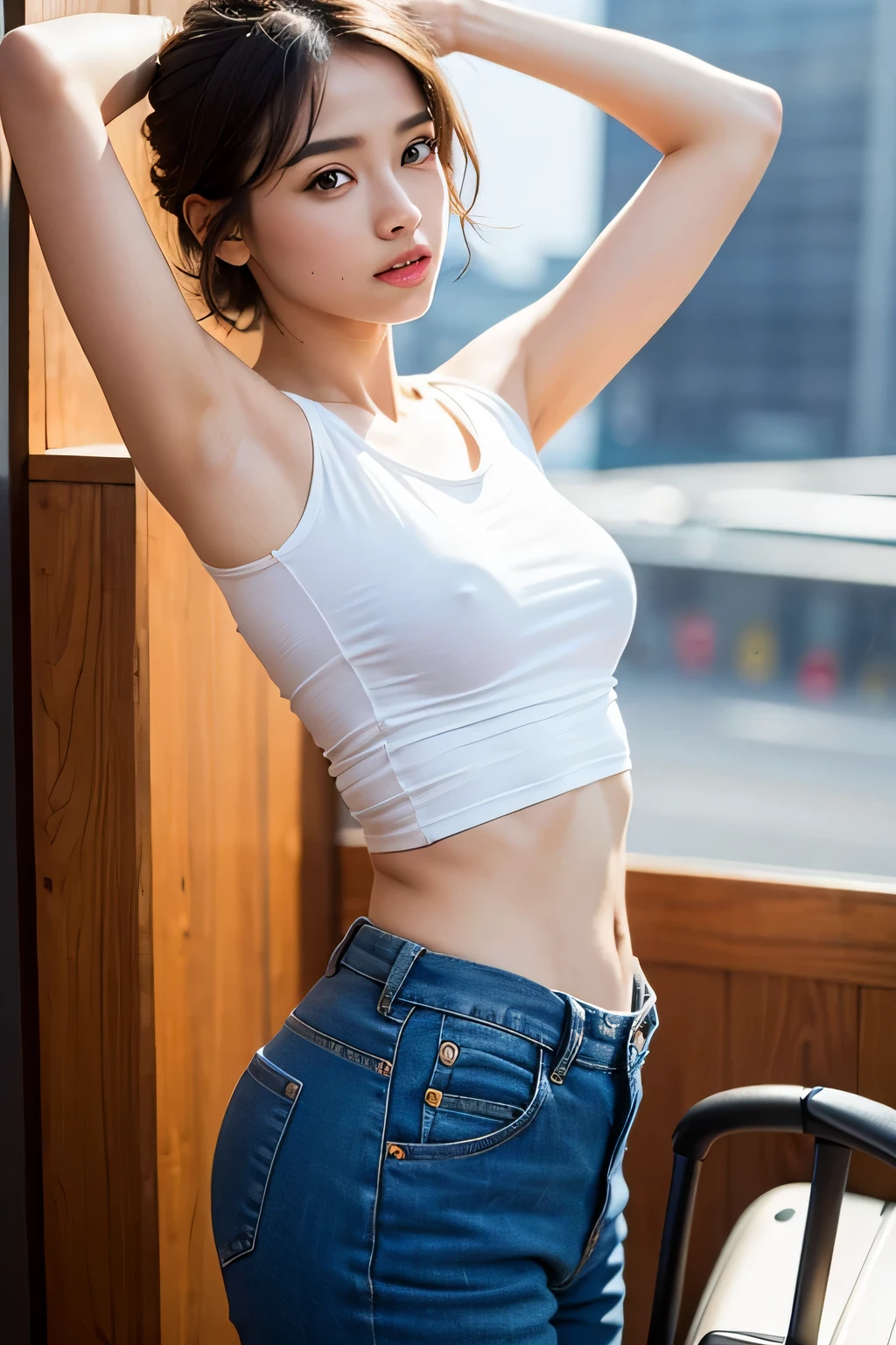 ((best quality)), ((masterpiece)), (detailed), perfect face, Airplane cabin, open shelf, shirt, navel, side view, Hurrah Pose, baggy clothes, take out luggage, arms raised, side view, closely, short hair, nipple, (1 Espa, female, 21 and/o: 1.1), (Solo: 1.22), (realistic, photo-realistic:1.37), face focus, Cute face, fine eyes, (short messy hair, updo: 1.1), (slim body type, View below, raise both arms, armpit, Cotton pants, baggy long tee, 1 woman, whole body, no bra, back, animated movie