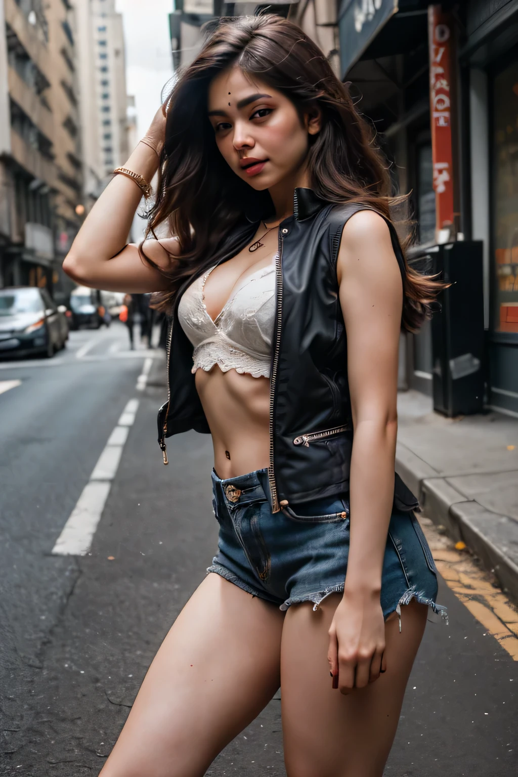 ((best quality)), ((masterpiece)), (detailed), perfect face,((Realistic lighting、top-quality、8K、rea chakraborty, tmasterpiece:1.3))、Clear focus:1.2、Girl vs、perfect figure beautiful woman:1.4、Slim abs:1.1、((Dark brown hair、Big:1.3))、(Acceleration:1.4)、street、Tall、Slender face、Narrow eyes、double eyelid、Swaying hair、Exposed cleavage、Gilet blanc full body portrait super lower abdomen