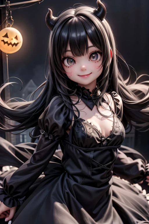 Ultra-realistic 8k CG, masterpiece, best quality, (photorealistic:1.4), absurdres, extremely detailed, real hair, life-like, horror scene, dark setting, cute girl smiling, big , red lipstick, red smokey eyes make up, showing fang, black hair, gothic dress, (white pantyhose), black ((mary jane pumps)), tail, black wings, devil horns, looking at viewer, reflective, flying toward viewer, night sky