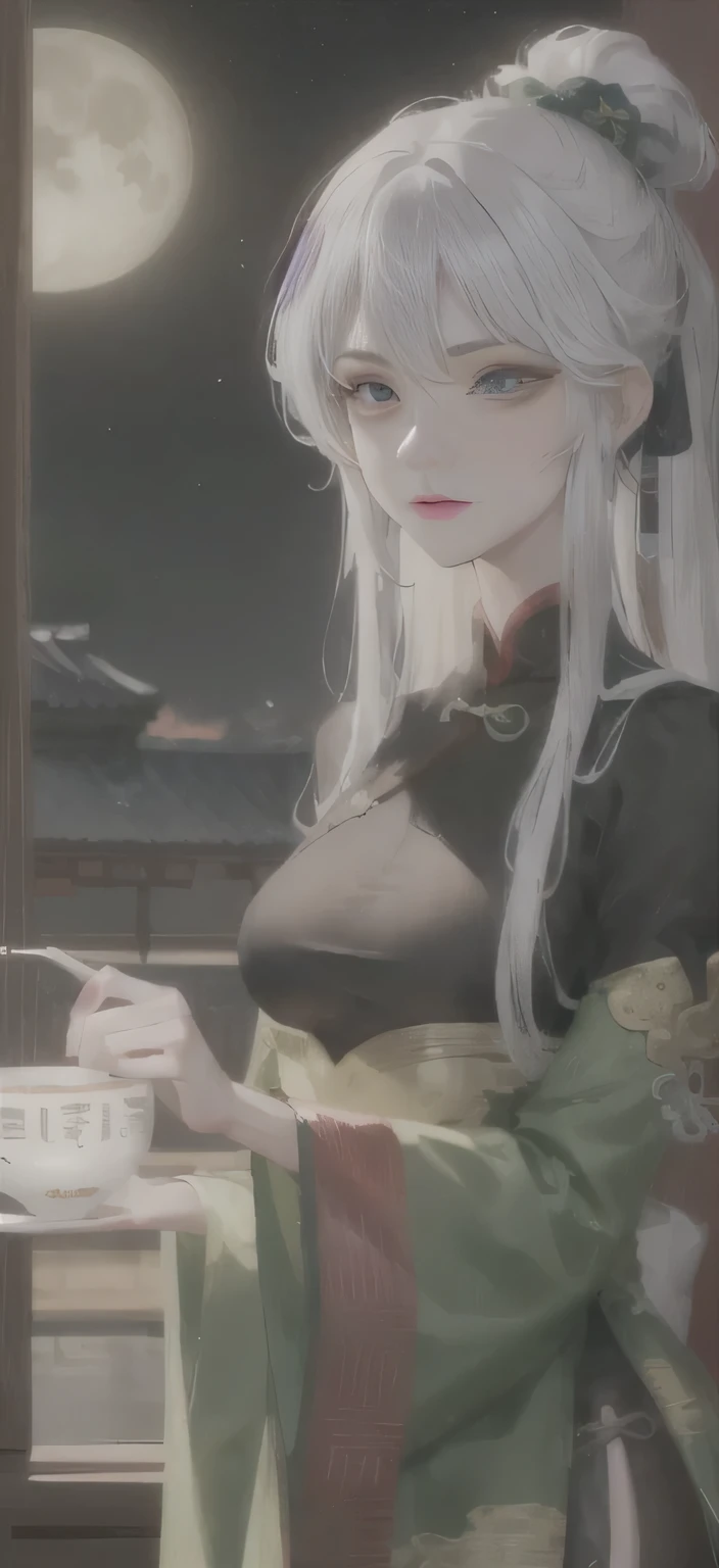 Night, Full Moon, 1 Female, Mature Woman, Chinese Style, Ancient China, Elder Sister, Royal Sister, Cold Face, Silver White Long Haired Woman, Femme Fatale woman, sexy ninja, with green garment using unreal engine 5, Mortal Kombat 11 engineering, ninja female