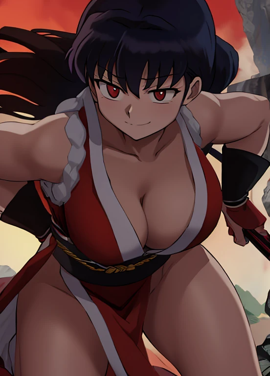 masterpiece, best quality, Kagome Higurashi, 25 years old, large breasts, cleavage, very busty, big hips, She stands tall while wearing a red Kunoichi dress, pelvic curtain, arm guards and gloves. she's looking directly at the camera with an confident smirk. Her gaze is both alluring and fierce. Perfect Anatomy,(Professional Lighting), 4k textures, raw photo, epic artistic, photoreal art, sharp focus, even lighting, insane details, intricate details, hyperdetailed, rich colors