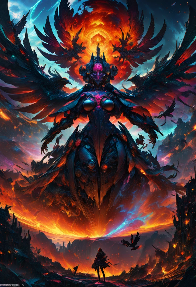 1girl, Crow, A masterful artistic digital rendering of a sinister cybernetic crow made from sparks and fire by Simon Prades, h.r giger, russ mills, Shaun Ryken, celestial, UHD, 8k resolution, fantasy editorial art, complex and hyperdetailed, beautiful composition, a modern surrealistic masterpiece by Dan Mumford