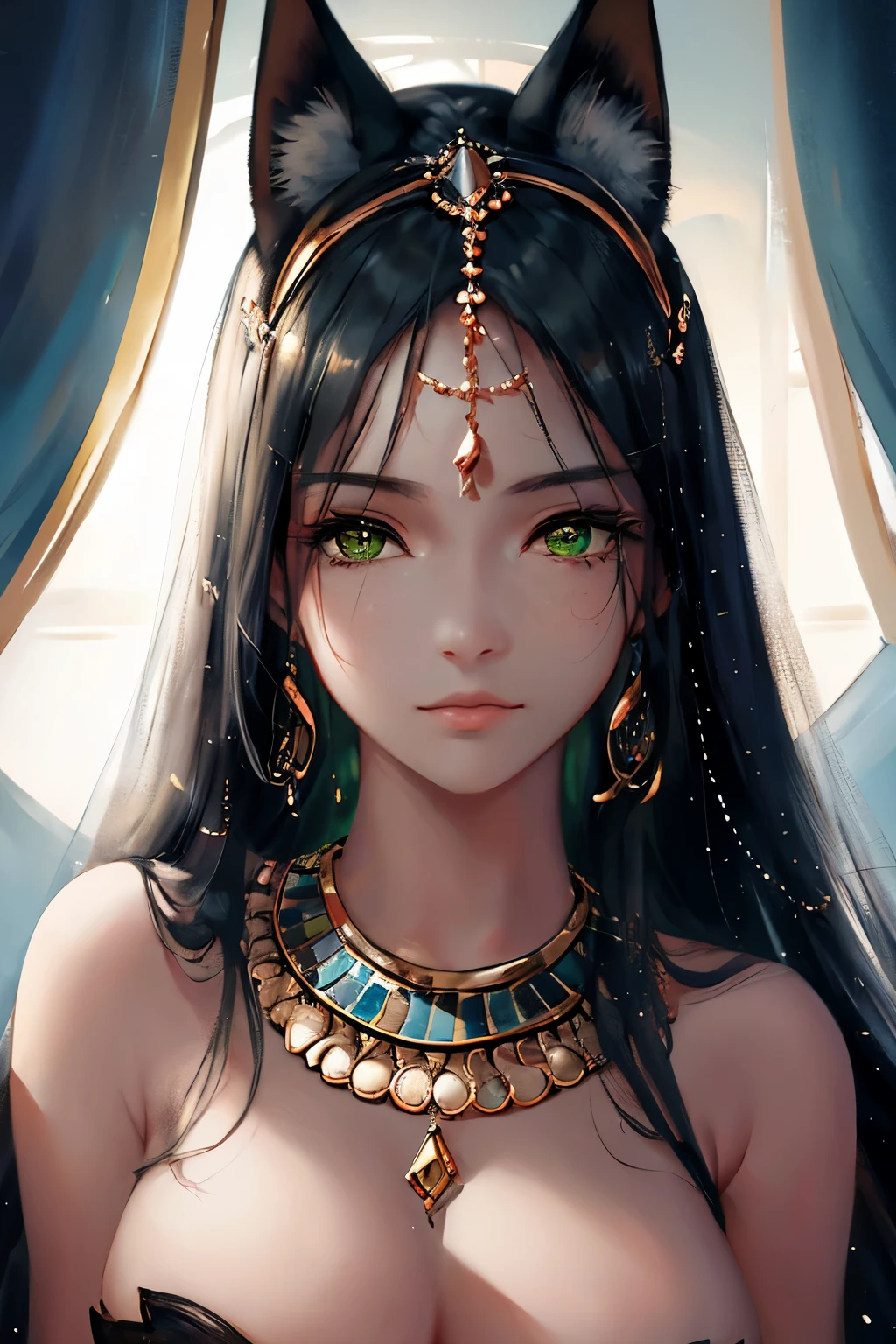 very good illustration, High detail, dynamic angle, beautiful detailing,2D, (Best quality, masterpiece, Beauty, tenderness), anime, Highly detailed face, very detailed eyes, very detailed background, perfect lighting, whole body, 1 girl, One, (Very detailed cat ears), (Very detailed ears behind the hair)? Goddess Bastet, Ancient Egypt \(Очень подробный Ancient Egyptian\), Very detailed clothes, green eyes, Finely detailed eyes, ears covered with hair, (very detailed background)