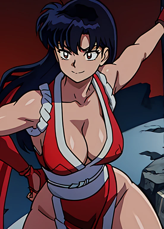 masterpiece, best quality, Kagome Higurashi, 25 years old, large breasts, cleavage, very busty, big hips, She stands tall while wearing a red Kunoichi dress, pelvic curtain, arm guards and gloves. she's looking directly at the camera with an confident smirk. Her gaze is both alluring and fierce. Perfect Anatomy,(Professional Lighting), 4k textures, raw photo, epic artistic, photoreal art, sharp focus, even lighting, insane details, intricate details, hyperdetailed, rich colors
