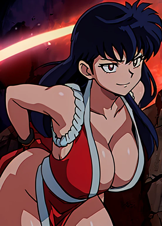 masterpiece, best quality, Kagome Higurashi, 25 years old, large breasts, cleavage, very busty, big hips, She stands tall while wearing a red Kunoichi dress, pelvic curtain, arm guards and gloves. she's looking directly at the camera with an confident smirk. Her gaze is both alluring and fierce. Perfect Anatomy,(Professional Lighting), 4k textures, raw photo, epic artistic, photoreal art, sharp focus, even lighting, insane details, intricate details, hyperdetailed, rich colors