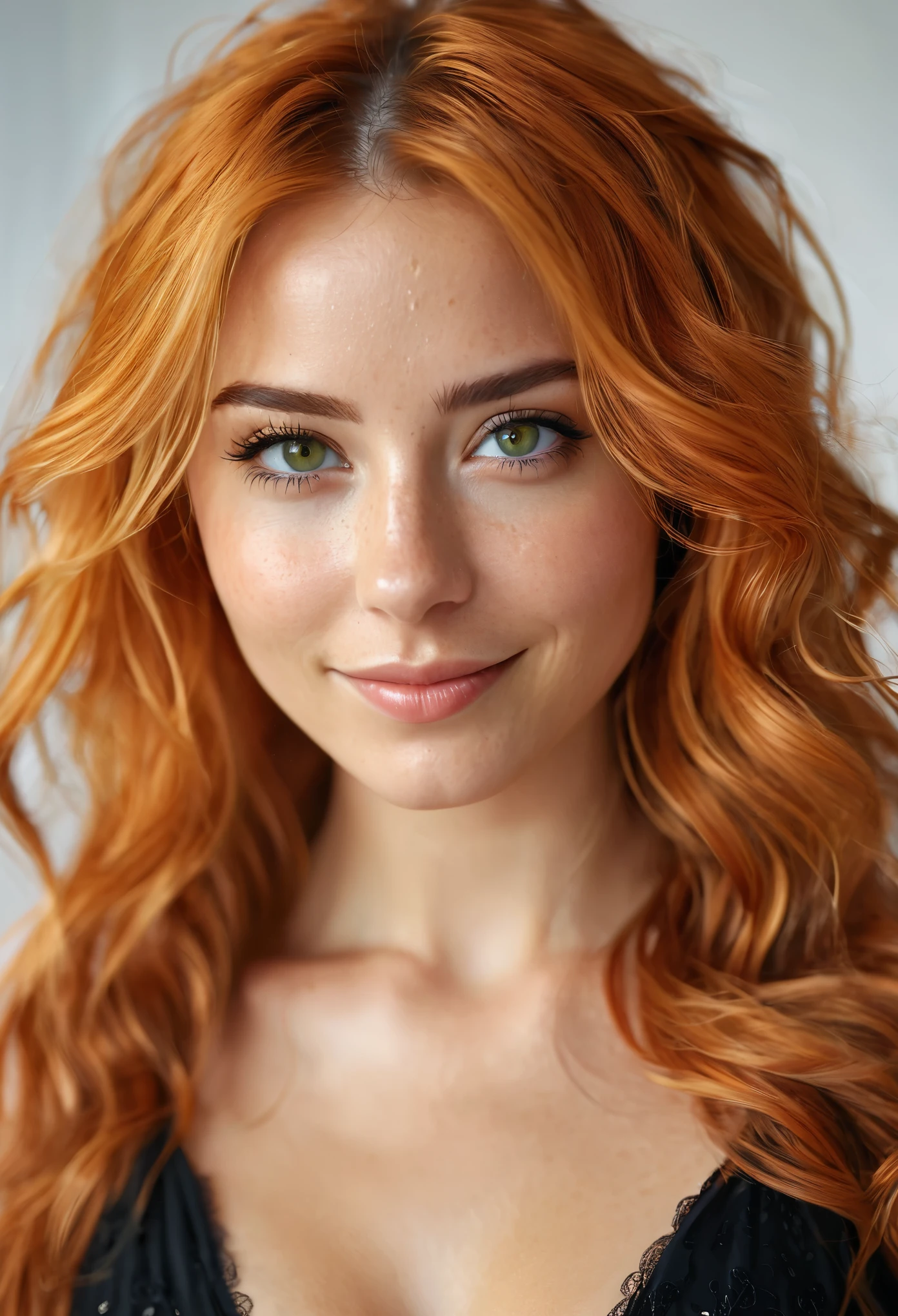Beautiful and sexy European woman with green eyes, slightly freckled, 25 years old, strong and vibrant long wavy orange hair the girl is wearing a beautiful black dress, high heels, full subject shown in the photo, abstract light background, girl is in focus, blurred background, depth of field, sarcastic smile, complete subject appears in the photo, bare legs, no nudity, vibrant orange hair slim waist, very detailed, innocent face, face length 1.3 times the width of the face, almond-shaped eyes, square face shape, high cheekbones, naturally wavy hair, honey eyes, high resolution, artwork, best quality , intricate details, very detailed, sharp focus, detailed skin, realistic skin texture, texture, detailed eyes, professional, 4k, charming smile, shot with Canon, depth of field, Kodak Vision Colors, Perfectly fitted body, extremely detailed, photo_\ ( ultra \), photorealistic, realistic, post-processing, Maximum detail, roughness, Real life, ultrarealistic, photorealism, photography, 8K Ultra HD, photography