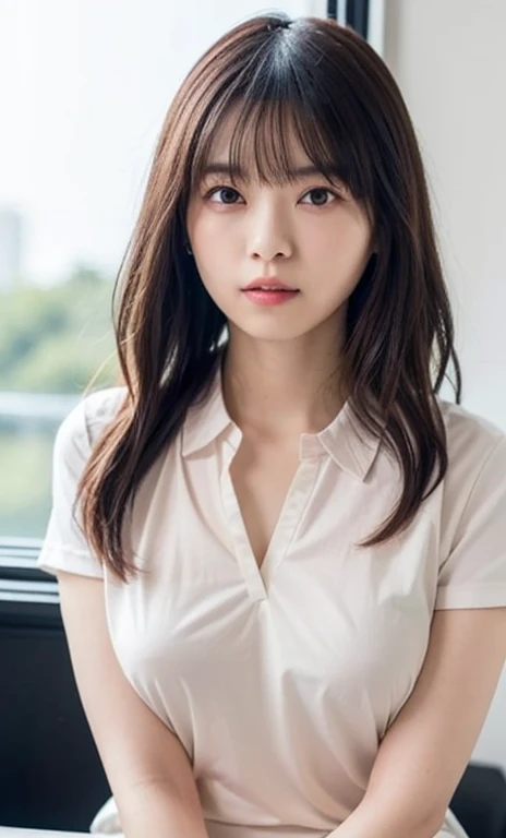 masterpiece、highest quality、16K、ultra high resolution、UHD,Depth of the bounds written、very detailed、soft light、professional lighting、Pale shading、Weak contrast、Japanese、beautiful girl、Glamorous woman、Smooth, silky skin、clear white skin、daytime office、Window seat、sitting in front of the computer、A tight pastel colored polo shirt that clings to the breasts、(smooth and beautiful thighs:1.6)、(big breasts:1.6)、deep cleavage、saggy breasts、small areola、small nipples、beautiful nipples、Cherry-colored nipples、white breast、fine and beautiful eyes、(hanging eyes)、(thin eyebrows:1.8)、(thin lips:1.8)、natural makeup、natural color lip、gentle smile、(long wavy hair、high ponytail),(The bangs are see-through bangs)、