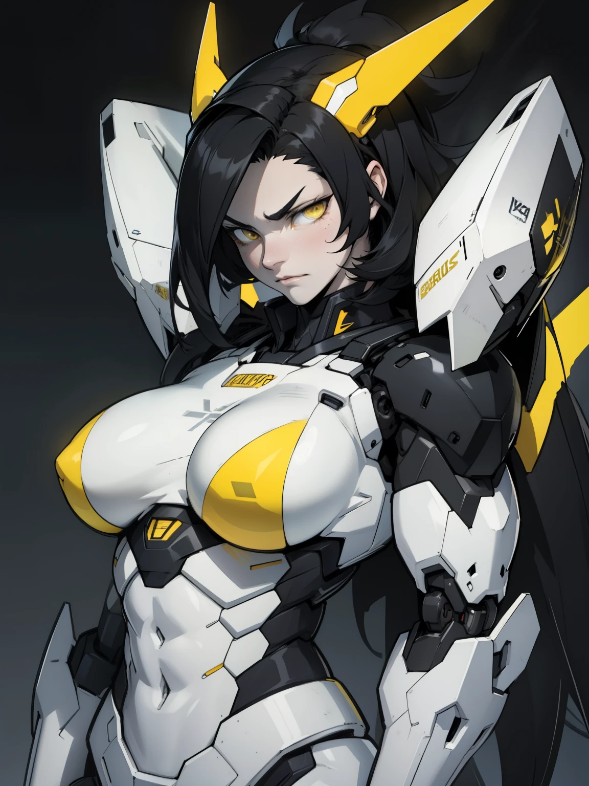 muscular girl large breasts black hair yellow eyes pale skin sad mecha musume