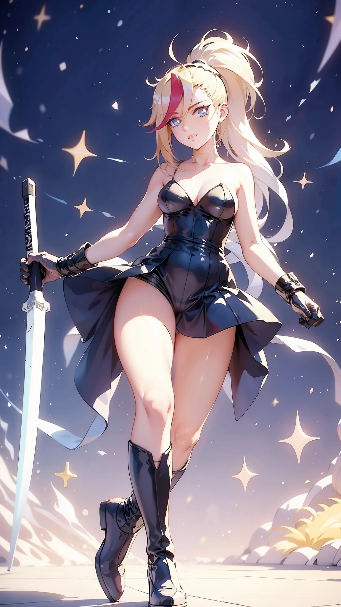 1 girl, ultra long hair, ultra detailed face, glowing lips, glowing blue eyes, very long ponytail, elegant walk, catwalk, holding down a  giant katana, blonde, long eyelashes, long boots , looking to the sky, starry sky, a ultra giant katana 