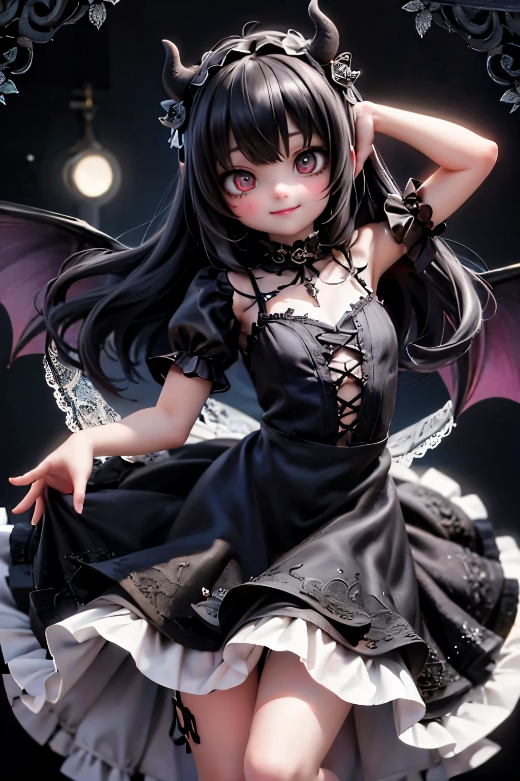 a cute demon girl smiling floating in the air, lace cloth gothic dress, at night, playful pose of a dancer, creepy, horror style