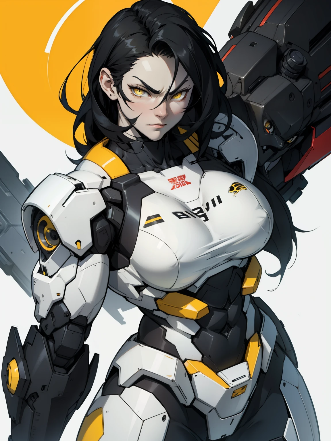 muscular girl large breasts black hair yellow eyes pale skin sad mecha musume
