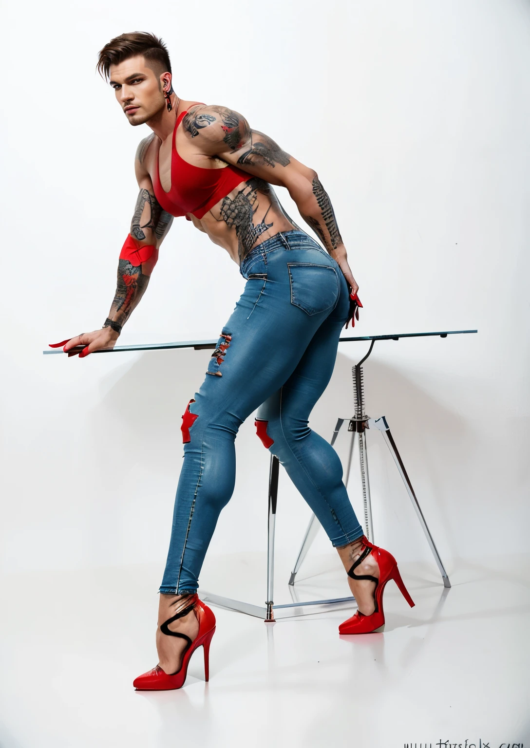 muscular hunk man with very short hair, tattoos, wearing a bra, tight jeans, leg high, highheels boots, fake red nails, earrings and makeup