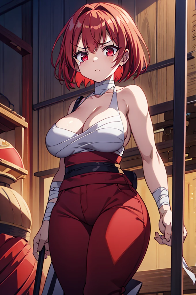 red scarlet hair, mature woman with wrinkles, strong arms, half naked on the top, wearing bandages that covers her breasts, sad expression with tears, samurai pants, red glowing eyes