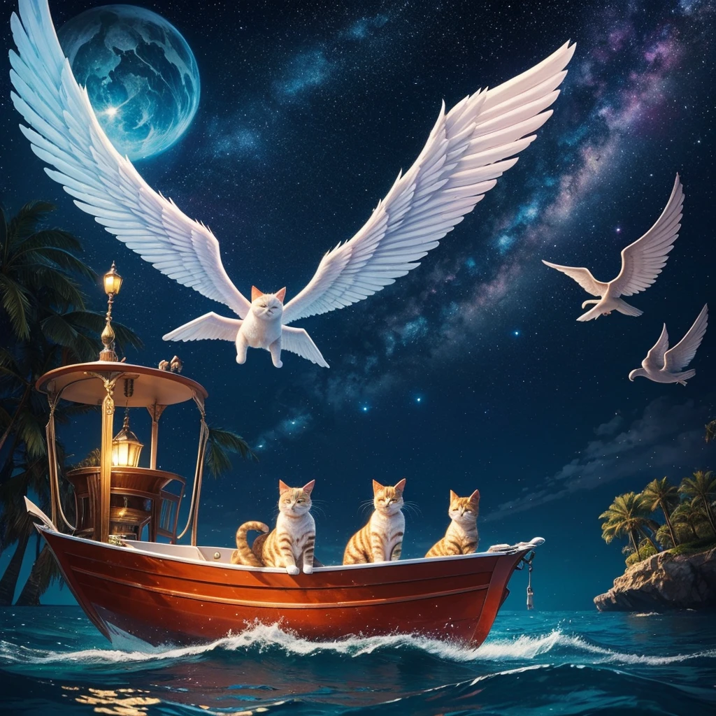 A fantastic، strange world in which cats are winged and colorful. The sky is galactic and the boat is in the water. An angel is sitting by the water.