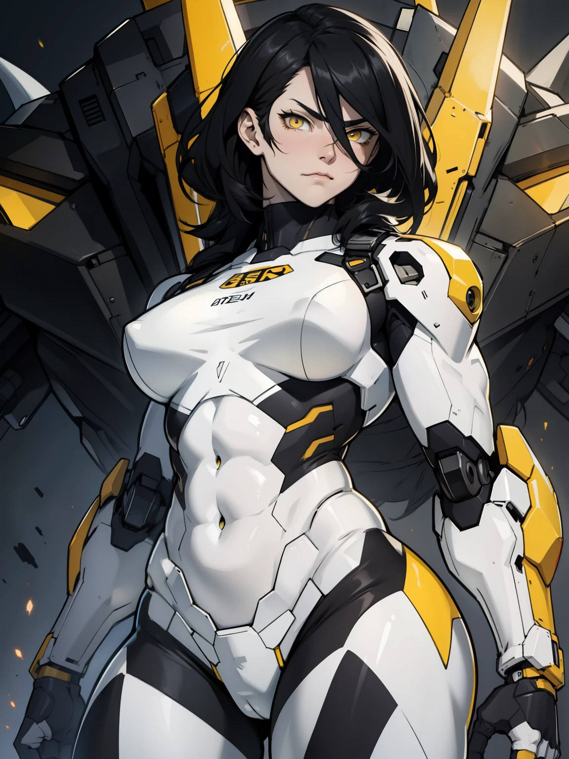 muscular girl large breasts black hair yellow eyes pale skin sad mecha musume