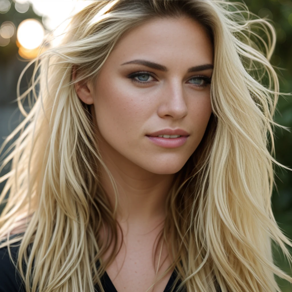 A photorealistic portrait of a 21-year-old American girl with long, flowing blonde hair and striking dark eyes. She should have a natural, approachable expression and be illuminated by soft, golden-hour sunlight. The background should be a scenic outdoor setting, perhaps a sunlit park or beach. Capture this image with a high-resolution photograph using an 85mm lens for a flattering perspective.