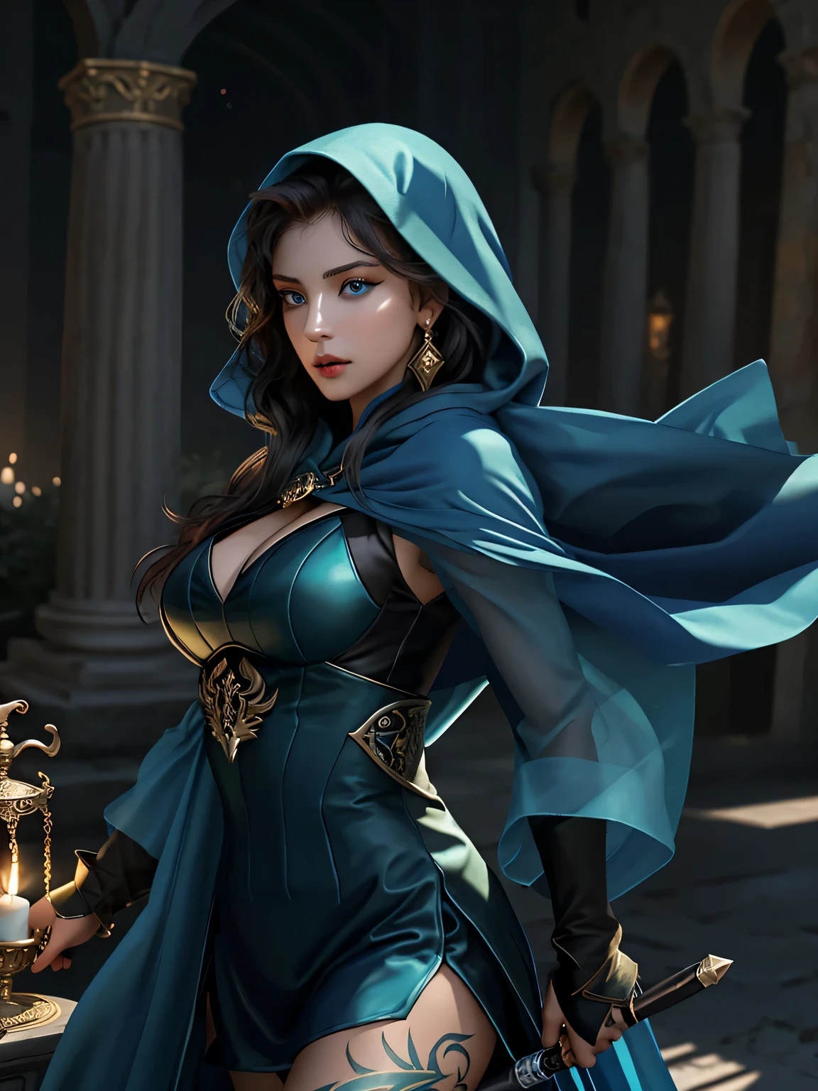 Illustrate Princess Adanna standing at the entrance of her palace, welcoming the travelers with open arms. She has a warm and inviting expression as she gestures for them to enter. The palace should be grand and inviting, with light spilling out from within(best quality,4k,high-res,masterpiece:1.2),physically-based rendering,ultra-detailed,realistic,vivid colors,sharp focus,studio lighting,HDR,bokeh,Kassandra,Cassandra,Alexios,Greece,ancient Greece,fantasy,action-adventure game,mythology,fierce warrior,assassin,creed,lethal,stealthy,confident,beautiful,dangerous,silent steps,leap of faith,hidden blade,hooded cloak,swirling mist,free-running,weaponry,dual-wielded daggers,intense stare,expression,seductive gaze,piercing eyes,mesmerizing,atlantic blue eyes,long eyelashes,luscious,plump lips,ruby red lips,prominent cheekbones,chiseled jawline,sculpted face,olive skin,bruises,battle scars,tattoos,body art,fit physique,toned muscles,exquisite curves,spellbinding,provocative attire,leather armor,exposed skin,sensual,alluring,steamy,erotic,unpredictability,powerful aura,dark background,shadowy setting,mysterious ambiance,soft candlelight,golden hour,moonlit night,starry sky,ominous moon,omnipotent presence,playful,temptress,deadly charm,legendary figure,heroine,empowered,defiant,mythical beauty,unstoppable force,unforgettable,embodying strength and allure.