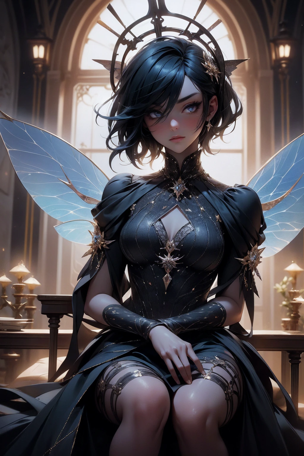 (Absurd, high quality, ultra -compared, careful with the hand) fairy, fairy wings, dreamer body, vivid, romantic and all. Optimistic face, just lies, without entry and intellectual. Reckless style, cold heart, impatient and too confident. Gray eyes, ripe and dark (eyes of the eyes), enchanted fairy (pixie) . Short hair, turquese hair. In the carnival row illustration, flying. Whole body, sitting on the ground, black skin