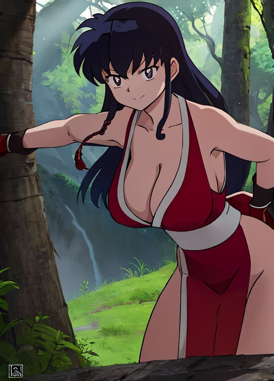 masterpiece, best quality, Kagome Higurashi, 25 years old, large breasts, cleavage, very busty, big hips, She stands tall while wearing a red Kunoichi dress, pelvic curtain, arm guards and gloves. she's looking directly at the camera with an confident smirk. Her gaze is both alluring and fierce, as she holds a red fan with a tight grip. cowboy shot, BREAK Outdoors, the view of the green forest, Perfect Anatomy,(Professional Lighting), 4k textures, raw photo, epic artistic, photoreal art, sharp focus, even lighting, insane details, intricate details, hyperdetailed, rich colors
