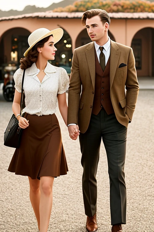 In the enchanting atmosphere of Cabo Ruivo airport during the 1940s, a beautiful couple, dressed in autumn clothes, awaits their departure. The woman, with her chestnut-brown, short curled hair (cabelos curtos castanhos), dons an elegant autumn dress, evoking the nostalgic charm of the era. Her captivating beauty brings to mind the likeness of actor Chris Evans, with his serious yet endearing expressions.
Beside her, the man, with a calm and intense gaze, showcases a well-groomed appearance. Their deep connection is undeniable, as they share a heartfelt moment amidst the h