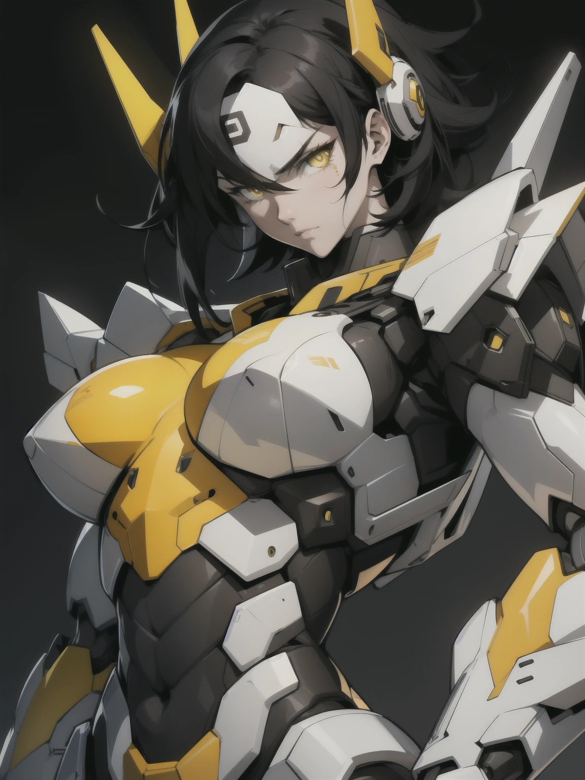 muscular girl large breasts black hair yellow eyes pale skin sad mecha musume