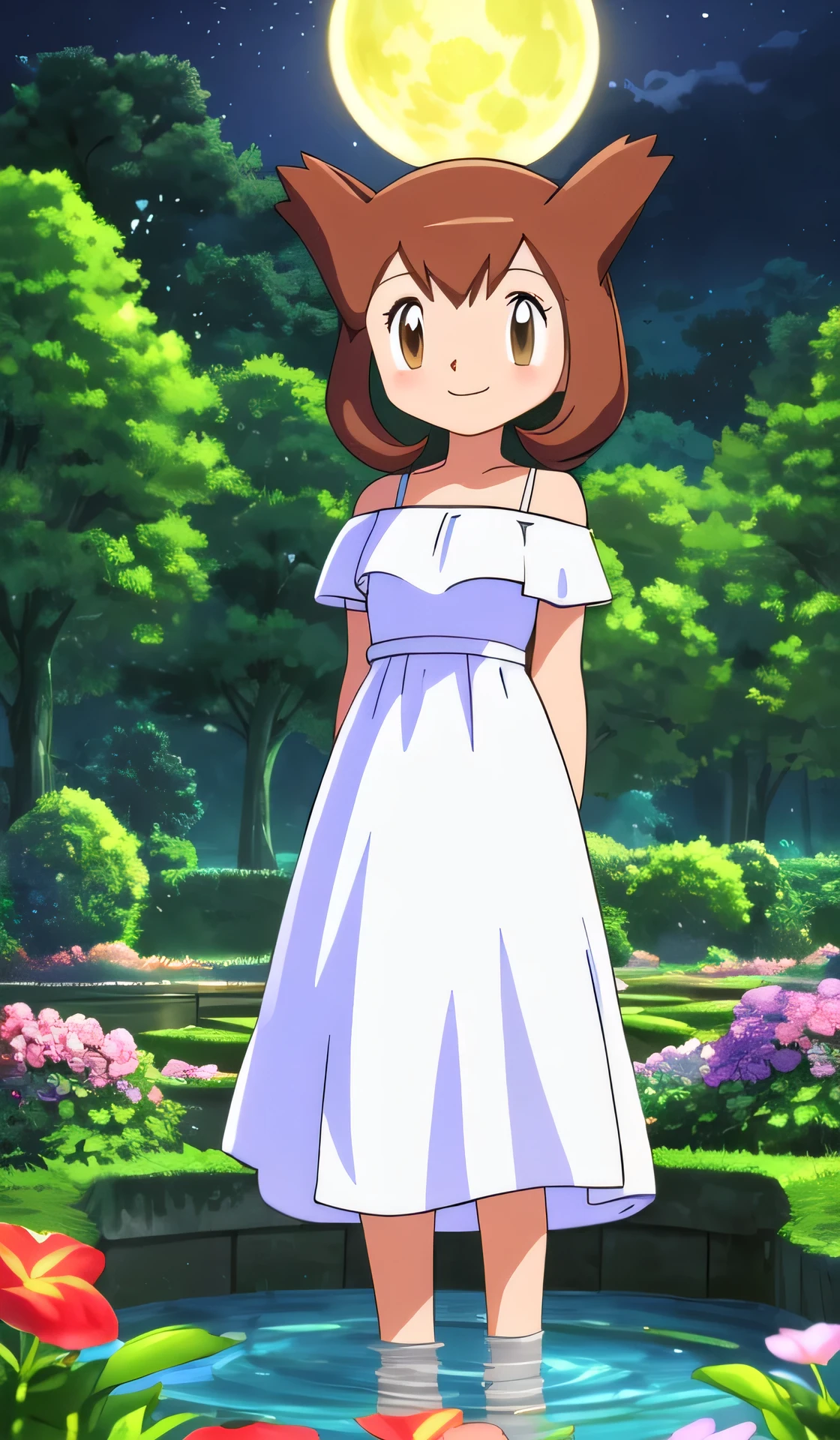 masterpiece, best quality, ultra-detailed, illustration, beautiful detailed eyes, very detailed illustration, cinematic lighting, 1 girl, solo, Pokemon Heroes (Bianca), Brown Hair, brown eyes, bare shoulders, strapless, off shoulders, white ruffle off the shoulder top, white maxi dress, intricate details, sharp focus, high resolution, the background of beautiful garden with a forest of flowers, on a beautiful night, full moon, smile, standing near a water pool on the bottom, arms behind back, anime style, ultra-detailed, hdr, far at the bottom, in the center, Close up
