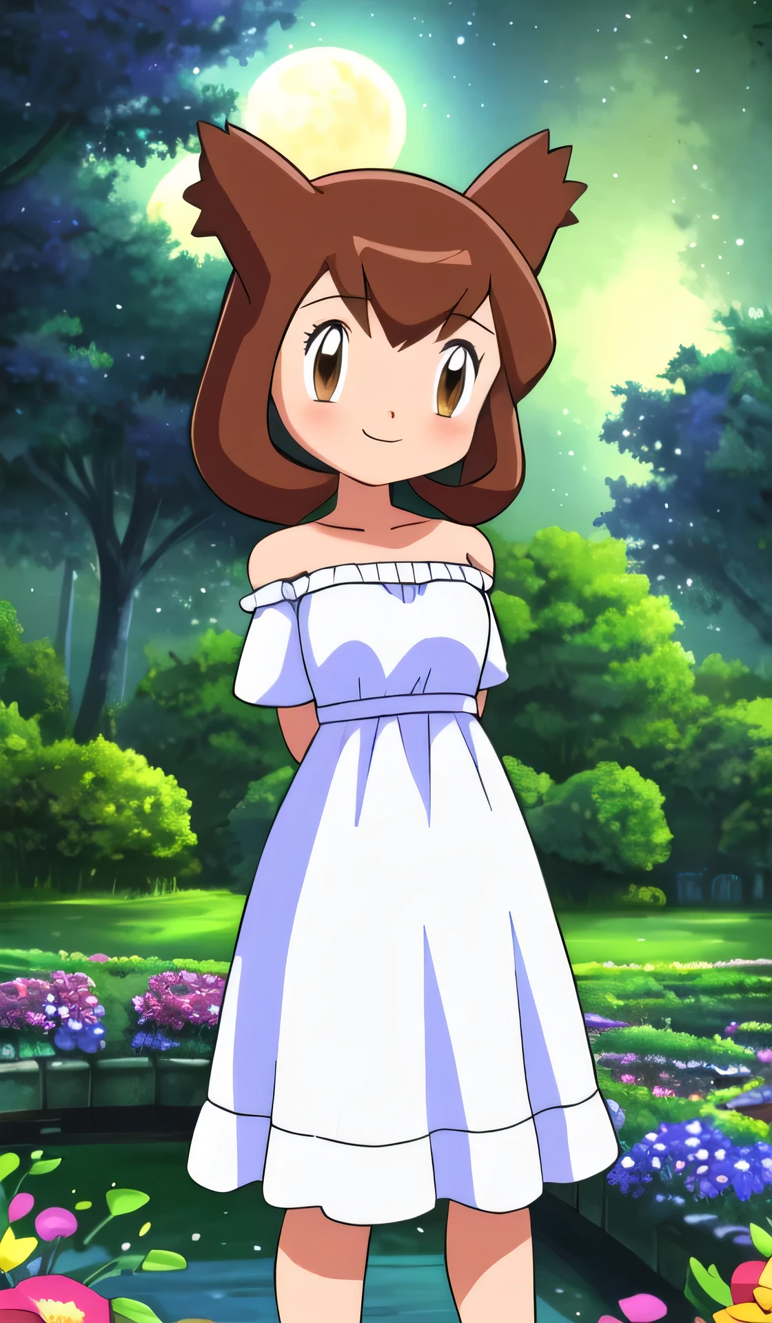 masterpiece, best quality, ultra-detailed, illustration, beautiful detailed eyes, very detailed illustration, cinematic lighting, 1 girl, solo, Pokemon Heroes (Bianca), Brown Hair, brown eyes, bare shoulders, strapless, off shoulders, white ruffle off the shoulder top, white maxi dress, intricate details, sharp focus, high resolution, the background of beautiful garden with a forest of flowers, on a beautiful night, full moon, smile, standing near a water pool on the bottom, arms behind back, anime style, ultra-detailed, hdr, far at the bottom, in the center, Close up
