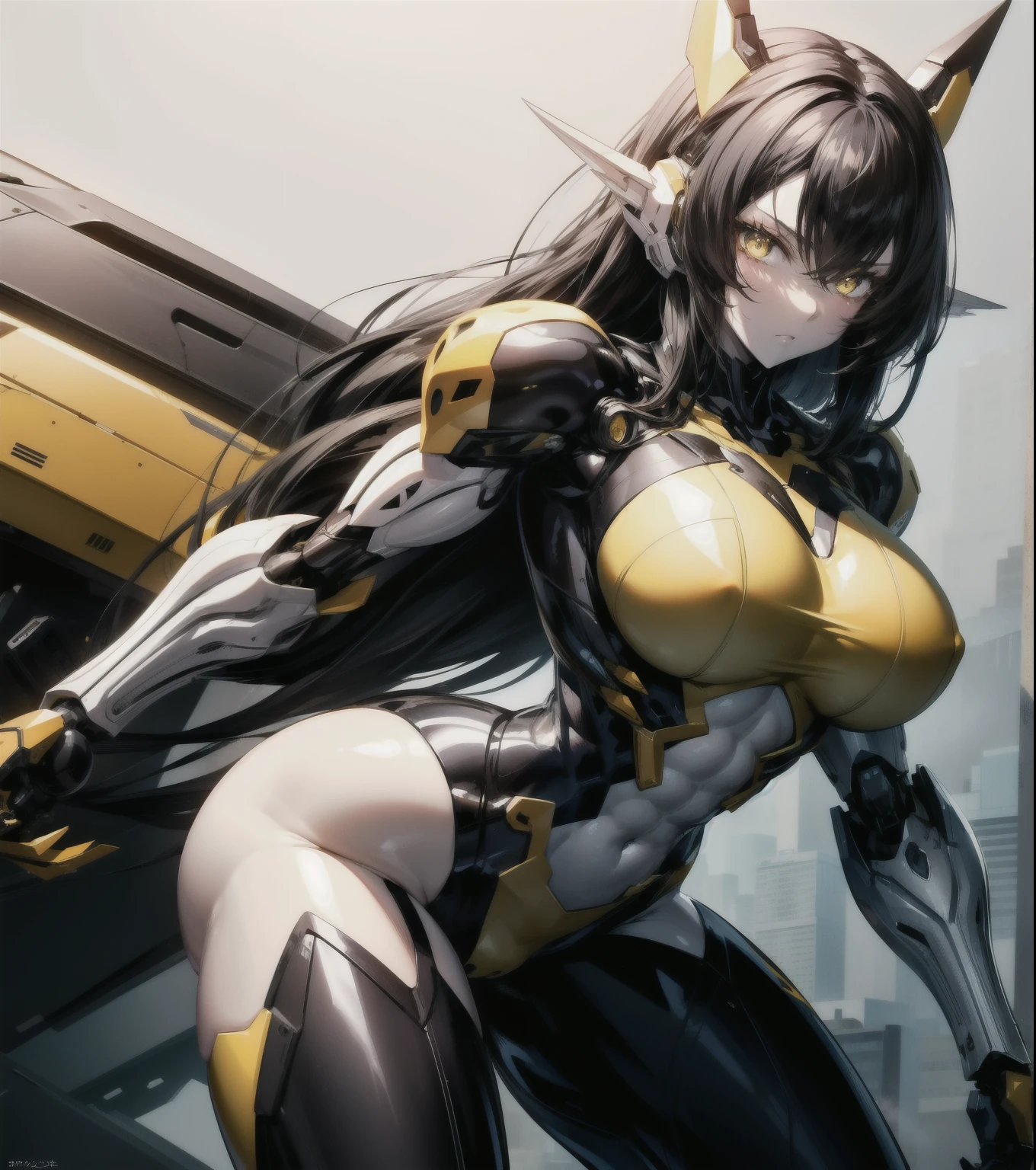 muscular girl large breasts black hair yellow eyes pale skin sad mecha musume