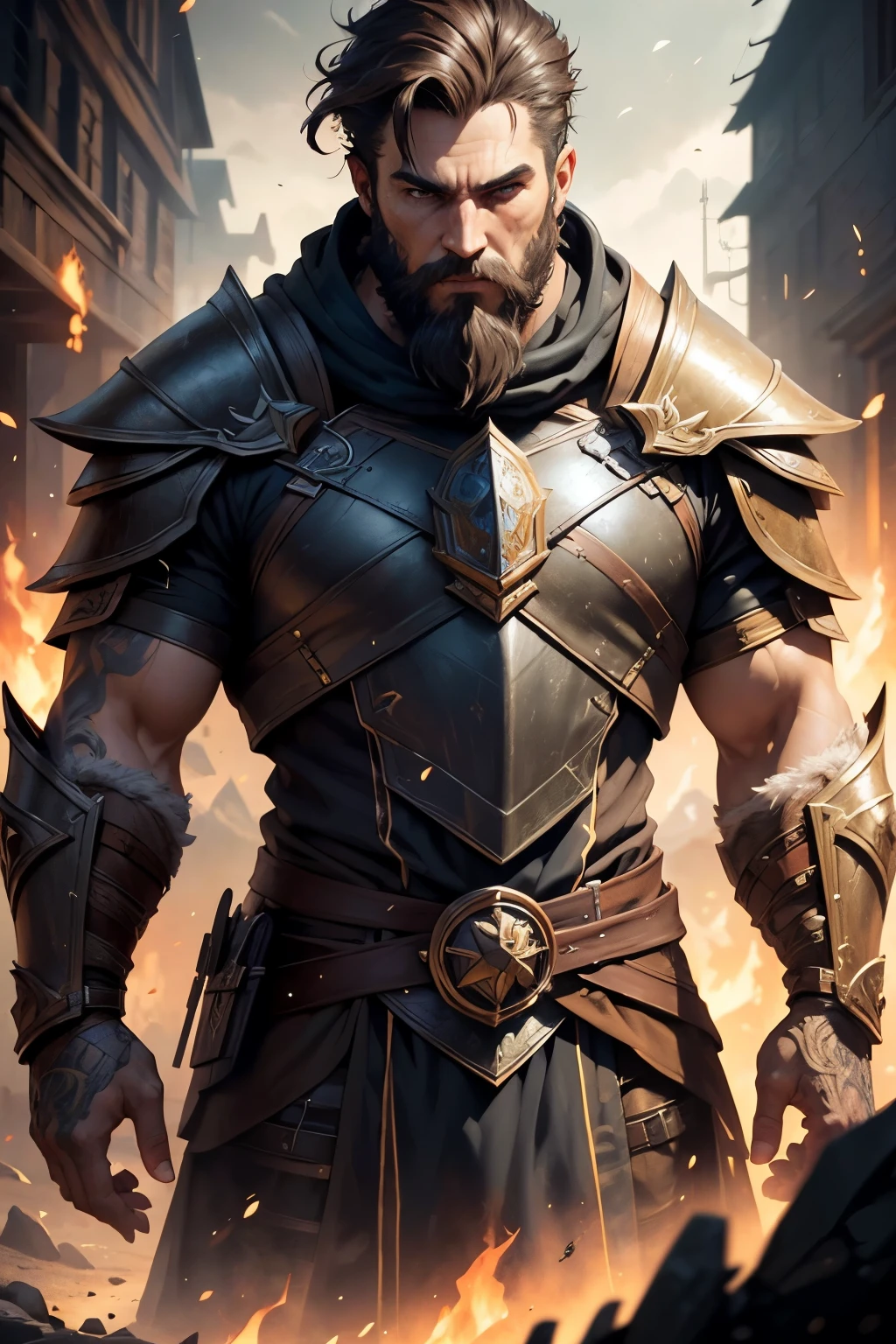 ((Best quality)), ((masterpiece)), ((realistic cartoon)), ((perfect character)):

Man with short beard, epic rpg portrait, fantasy male portrait, rpg portrait concept art, male warrior, fantasy concept art portrait, epic portrait illustration, detailed character portrait, a human warrior, large black armor with red details, full armor, blue eyes, short hair, brown hair, character dungeons and dragons, detailed hands

The scene is set in a thematically rich environment, in flames battlefield the ambiance. The burned houses, crafted with a cinematic touch, casts a spellbinding glow, emphasizing the web network aura surrounding the white hat hacker.

Every element of this masterpiece is carefully designed to create a sense of realism and immersion. The mesmerizing effects of his conjurations, and the level of detail in his weathered face all contribute to a captivating visual experience. This artwork is presented in stunning UHD resolution, allowing you to appreciate every nuance and intricacy in breathtaking detail.

Eye level, scenic, masterpiece,mtg art,magic the gathering art.