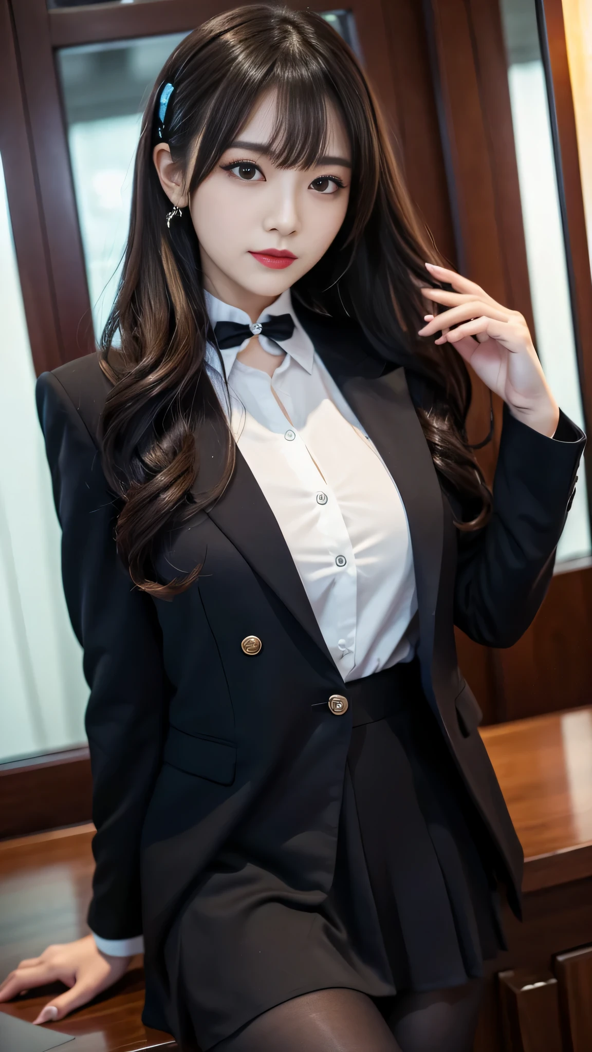 tra-detailed、Japanese、attractive beauty、seductive adult woman、pretty woman、piercing eyes、cool girl、wavy hair、swept bangs、suit、Jacket、blouse、ribbon、Tight Skirt、pantyhose、beautiful feet、Evil cadres、evil depravity、brainwash、mind control、lipstick、lip gloss、dark makeup、smirk、Evil expression、evil、hollow eyes,half-closed eyes、empty eyes、evil、night room、dark room、vampire、succubus、vampire、Swear allegiance、stand、