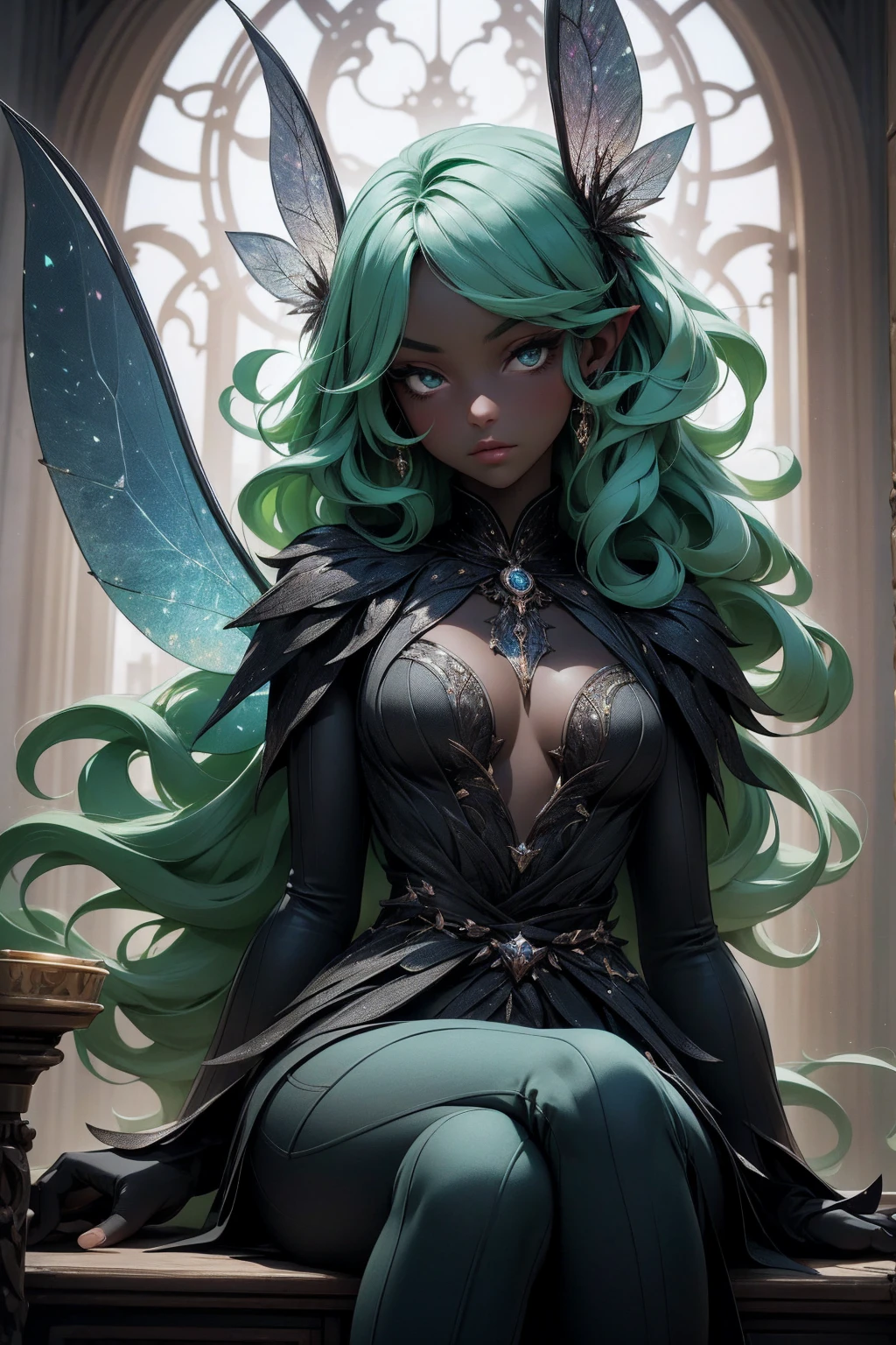 (Absurd, high quality, ultra -compared, careful with the hand) fairy, fairy wings, dreamer body, vivid, romantic and all. Optimistic face, just lies, without entry and intellectual. Reckless style, cold heart, impatient and too confident. Gray eyes, ripe and dark (eyes of the eyes), enchanted fairy (pixie) . medium curly hair, green hair. In the carnival row illustration, flying. Whole body, sitting on the ground, black skin