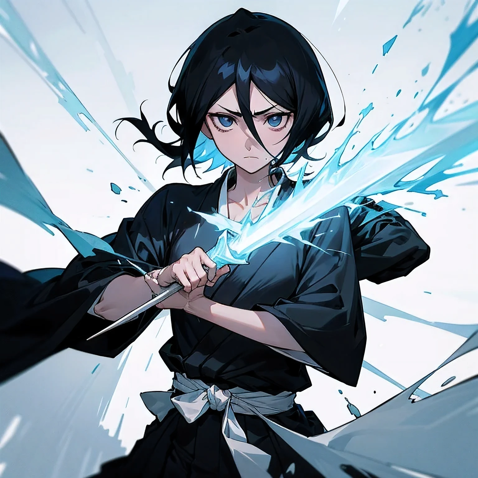 shining eyes,white belt,Black Hakama, black haired, Like a short-cut bust,The camera captures the upper body,(Bust-like camerawork),Pull out the ice sword from his chest(dynamic composition),The ice sword melts into your heart,The effect is ice, Bleach Rukia pulls out an ice blade from his chest,ice queen