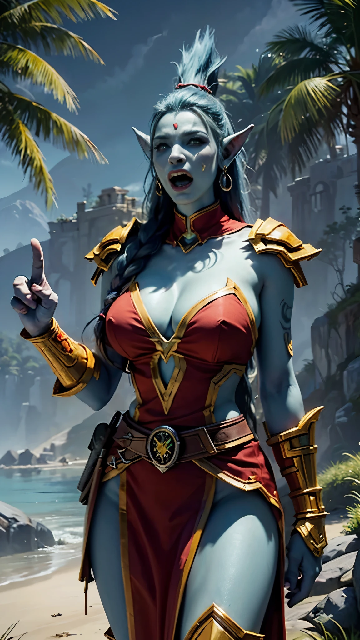 1 girl, Beautiful muscular troll girl from Warcraft, Fangs out, huge tusks protrude from the mouth, green skin, scream, Painted face, large naked breasts, standing nipples, bandages, shoulder pads, blue mohawk, pubic hair, sword raised hand, belt with skull, glowing red eyes, sea shore, palm trees, night, grass, volumetric lighting, Best quality, masterpiece, surrealism, ultrarealism, Hipperrealism